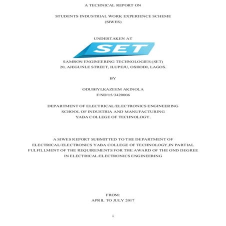 Siwes Report by odubiyi kazeem akionola (ENGKEEN),electrical enginieering,YAB...