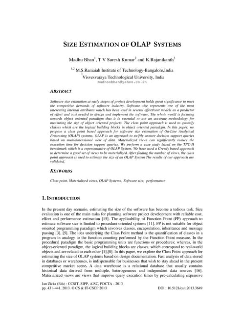 Size estimation of olap systems