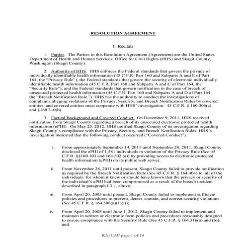 Skagit county- HIPAA violation settlement agreement with HHS