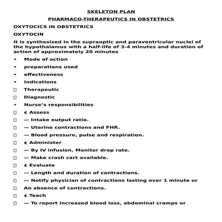 Skeleton plan on drugs used in obstetrics