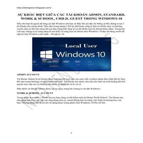 Sự khác biệt giữa tài khoản Admin, Standard, Work & School và Guest trong Win...