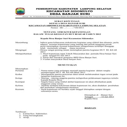 Contoh Sk hut RI ke 68 Dsa Banjar Suri Kecamatan Sidomulyo