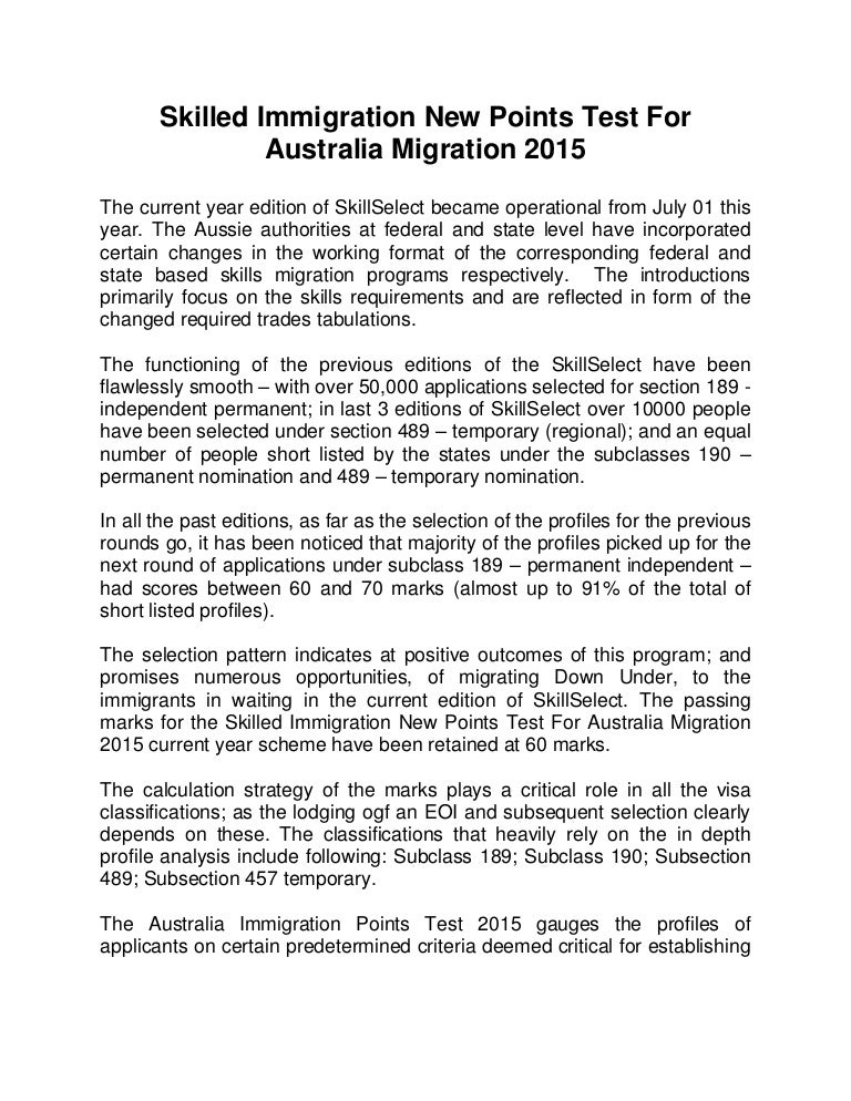 Skilled immigration new points test for australia migration 2015
