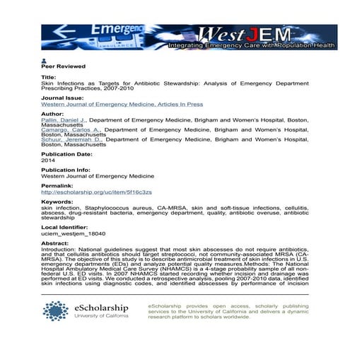 Skin infections as targets for antibiotic stewardship 2007 2010