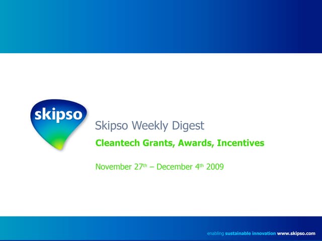 Cleantech Grants, Awards, Incentives - Weekly Update (Dec 4th)