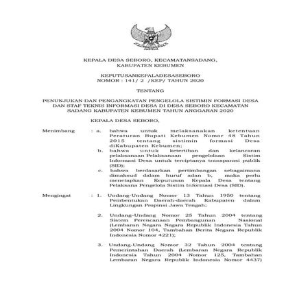 SK NOMOR 2 TAHUN 2020 TENTANG PENGELOLA SID