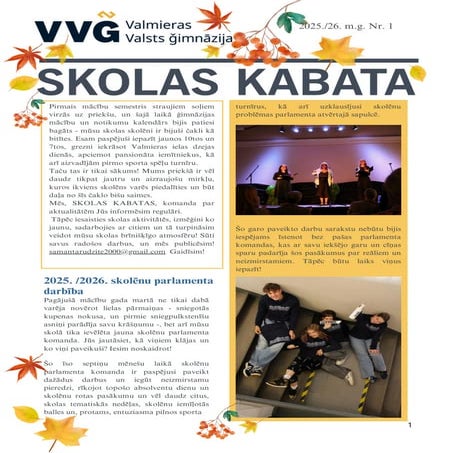 Valmieras Valsts ģimnāzijas avīze "Skolas kabata" 2025./2026. Nr.1