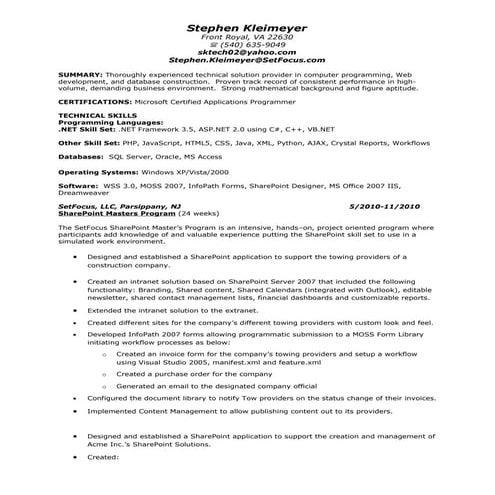 Stephen Kleimeyer’s SharePoint Resume