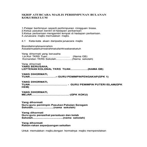 Skrip aturcara majlis perhimpunan bulanan kokurikulum