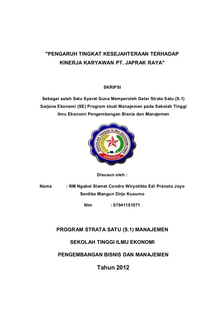 Skripsi Pengaruh Tingkat Kesejahteraan Terhadap Kinerja Karyawan Pt