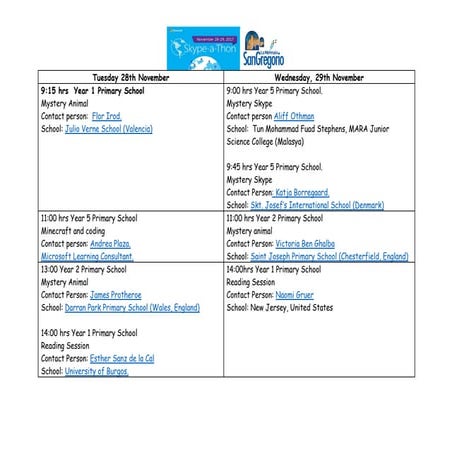 Timetable for the Skype-a-Thon 2017