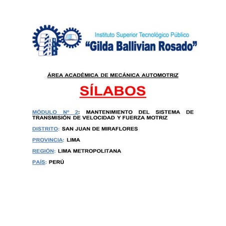 Sílabos de Mecanica Automotriz. Módulo N° 2