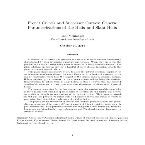 Frenet Curves and Successor Curves: Generic Parametrizations of the Helix and...