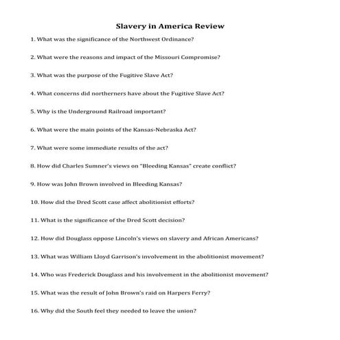 Slavery in America Review Guide