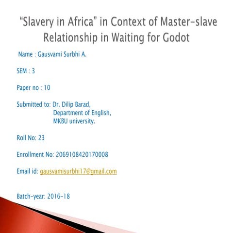 Slavery in Africa in context of Master-Slave relationship in 'Waiting for Godot'