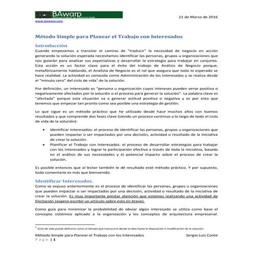 Un método simple para Planificar el Trabajo con Interesados