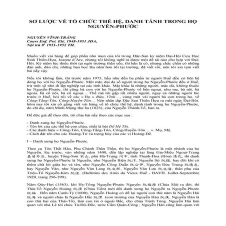 SƠ LƯỢC VỀ TỔ CHỨC THẾ HỆ, DANH TÁNH TRONG HỌ NGUYỄN-PHƯỚC