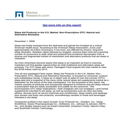 Sleep Aid Products in the U.S. Market: Non-Prescription OTC, Natural and Alternative Remedies