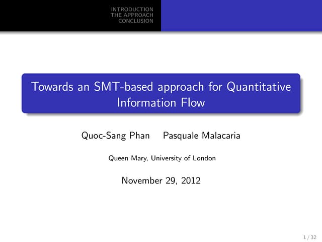 Towards an SMT-based approach for Quantitative Information Flow