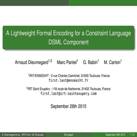 A Lightweight Formal Encoding for a Constraint Language DSML Component