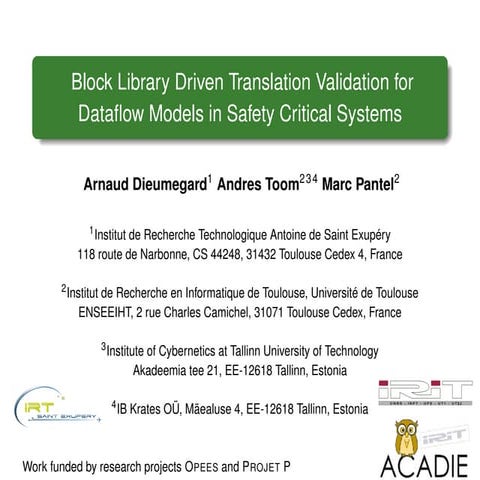 Block Library Driven Translation Validation for DataFlow Models in Safety Critical Systems