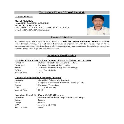 Job Curriculum Vitae (CV) Sample || Download Free CV Template