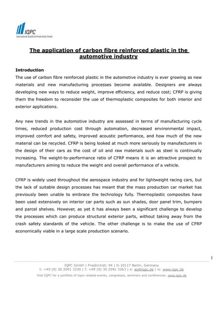 The application of carbon fibre reinforced plastic in the automotive industry