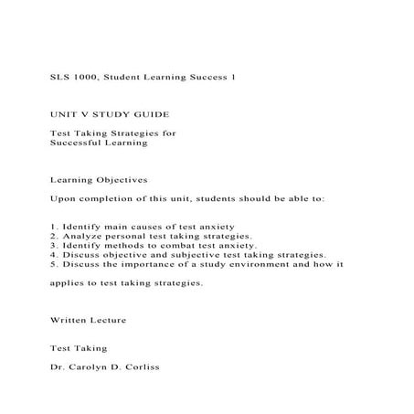SLS 1000, Student Learning Success 1 UNIT V STUDY GUID.docx