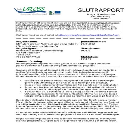 Slutrapport stimulera kreativ förnyelse och egna initiativ i hallstavik med s...