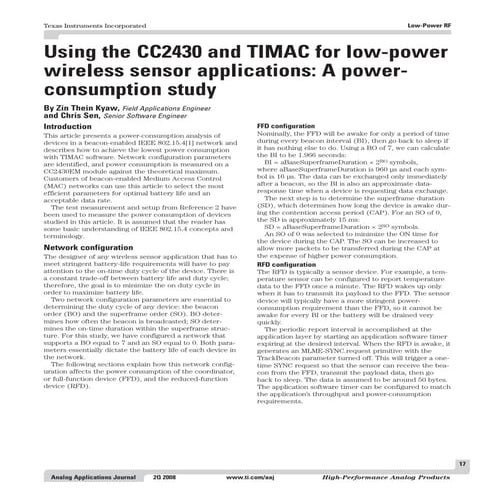 Using the CC2430 and TIMAC for low-power wireless sensor applications: A powe...