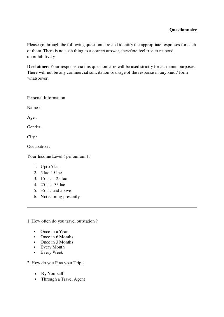 Questionnaire On Travel And Tourism