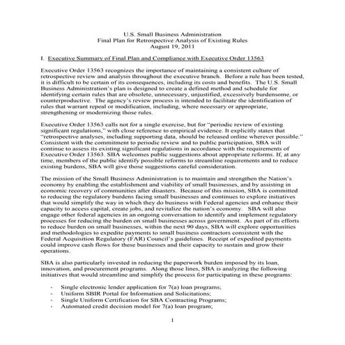 Small Business Administration Regulatory Reform Plan August 2011