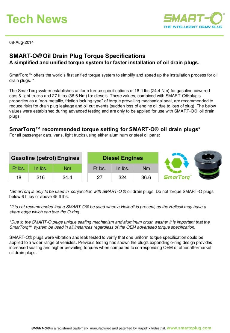 Oil Drain Plug Torque Chart 2015