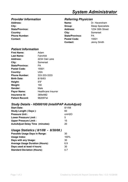 Smart Link Sample Summary Report  Intelli Pap Auto Adjust