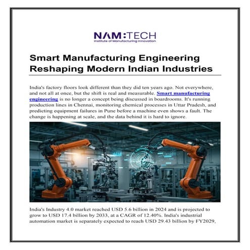 Smart Manufacturing Engineering Reshaping Modern Indian Industries | PDF