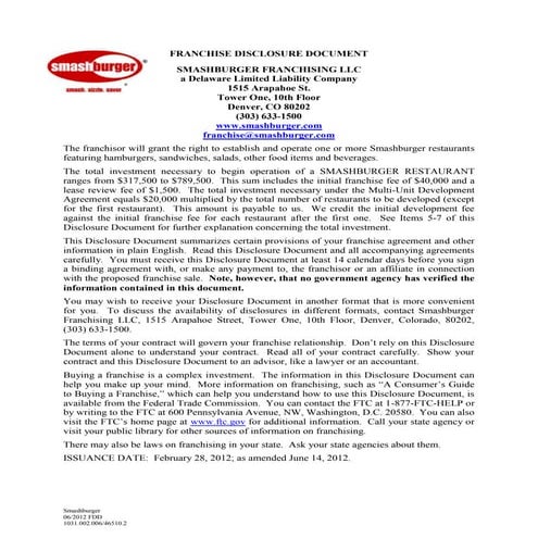 Franchise Disclosure Document for Smashburger Franchising, LLC