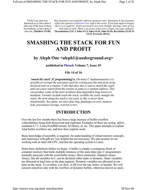 Smashing the stack for fun and profit