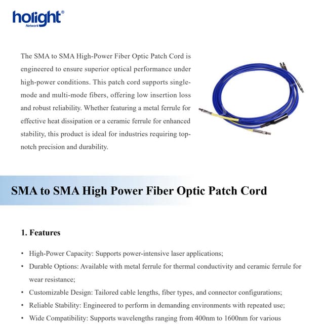 SMA to SMA High Power Fiber Optic Patch Cord | Rugged Optical Cable for ...