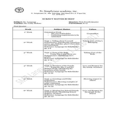 Subject Matter Budget Language Kinder 1 
