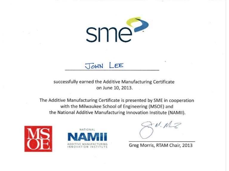 SME Additive Manufacturing Certificate & Letter