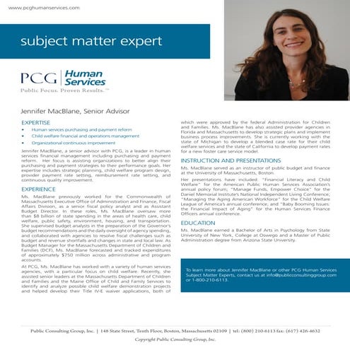 Jennifer MacBlane, PCG Human Services Subject Matter Expert