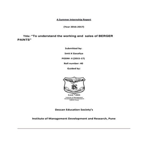 INTERNSHIP REPORT ON BERGER PAINTS -SMIT GOSASLIYA