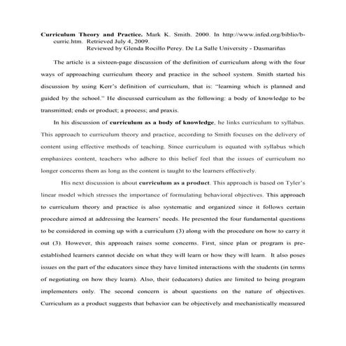 Smith's curriculum theory and practice article review glenda perey