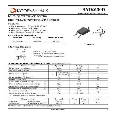 Original N-Channel Mosfet SMK630 SMK630D 9A 200V SOT-252 New KODENSHI | PDF
