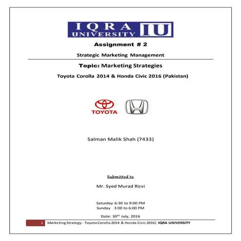 Marketing Strategies - Toyota Corolla 2014 & Honda Civic 2015 ( Pakistan)