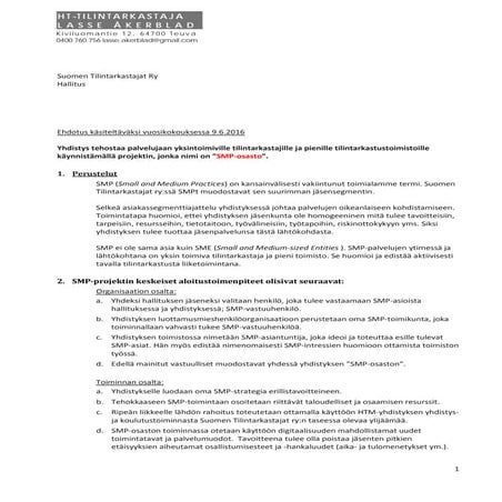 Small and Medium Practices (SMP) -osasto. Ehdotus tilintarkastajayhdistykselle 3.2016  