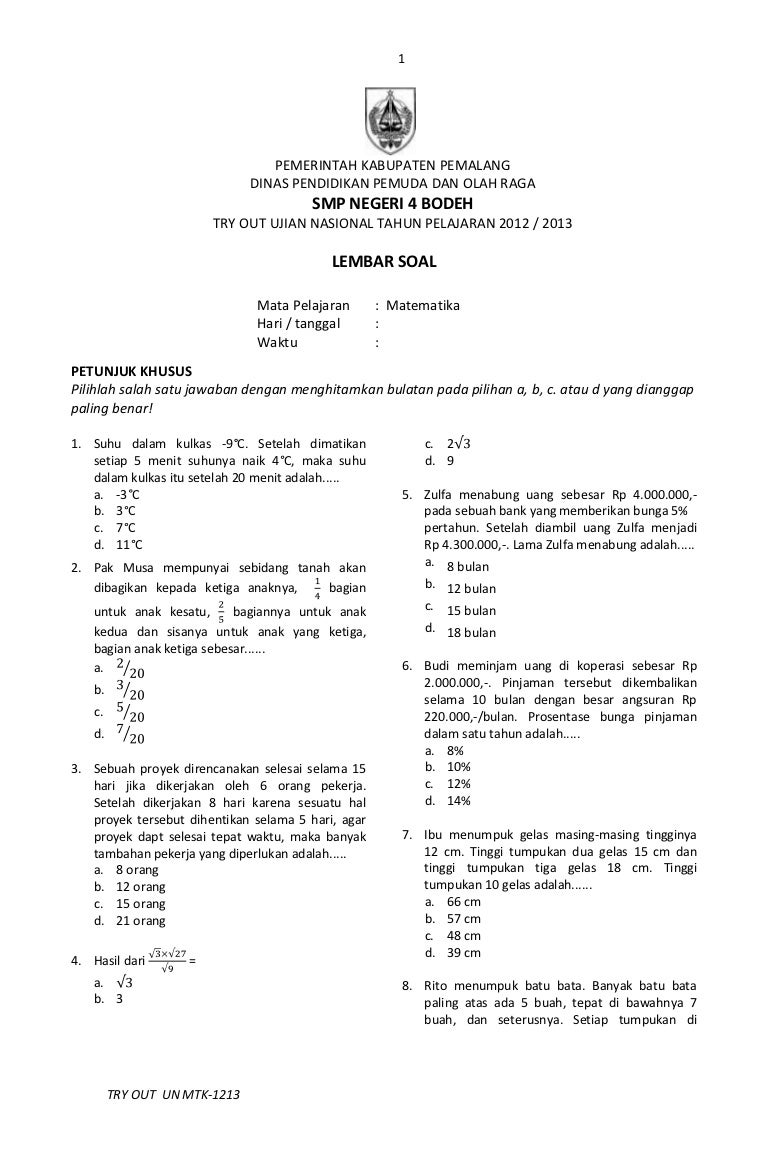 Latihan Soal Matematika Un 2013 Paket 14