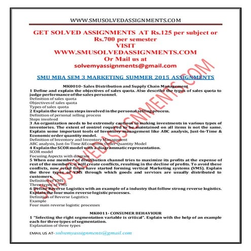 Smu mba sem 3 marketing summer 2015 assignments