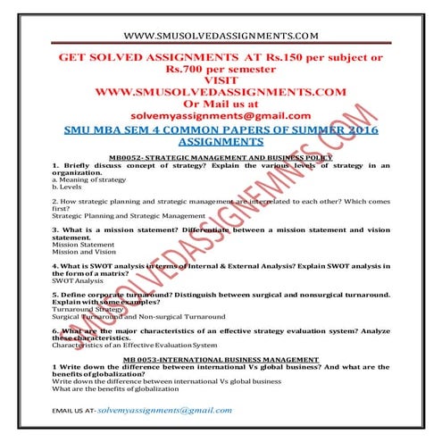Smu mba sem 4 common papers spring 2016 assignments | DOCX
