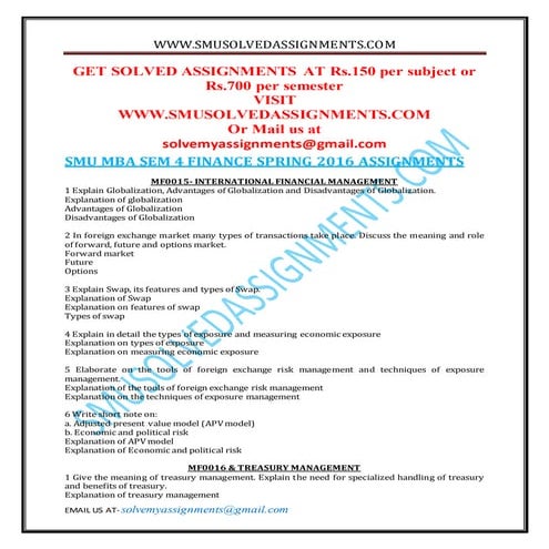 Smu mba sem 4 finance spring 2016 assignments